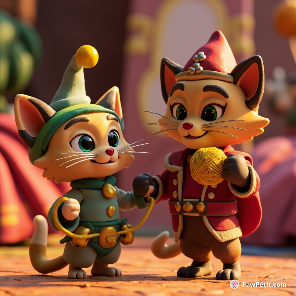 In the Land of Whiskers, Sir Purrfectly Overdressed outsmarted Queen Dawg with an enchanting Twirly-Tail Waltz, reclaiming the golden yarn ball.