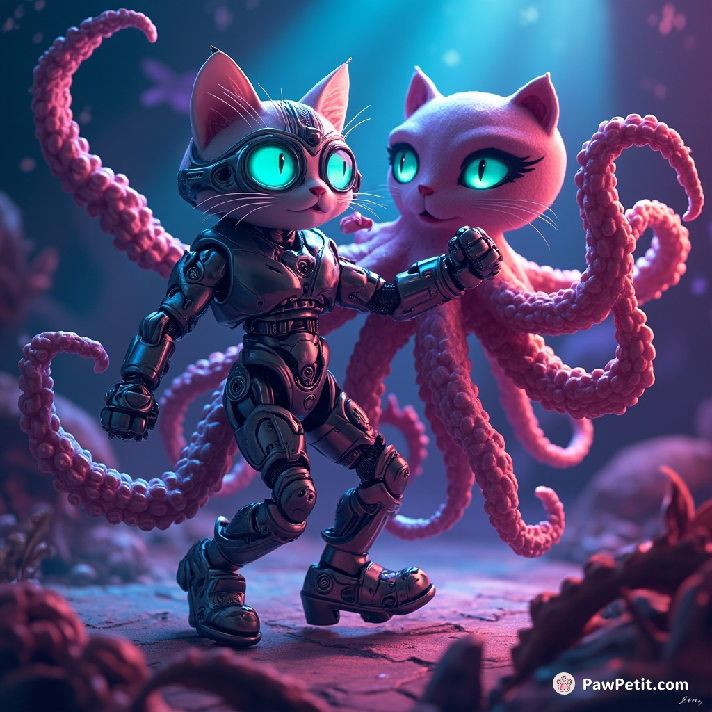 A futuristic cyborg cat salsa-dancing with an octopus under the neon glow of Atlantis.