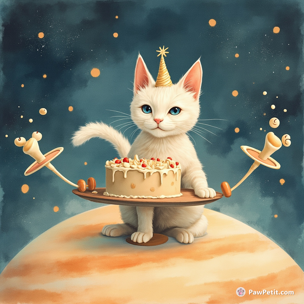 A shapeshifting cat frosting a cake on the surface of Saturn, while balancing yogurt-filled ballet-microphones with its tail.