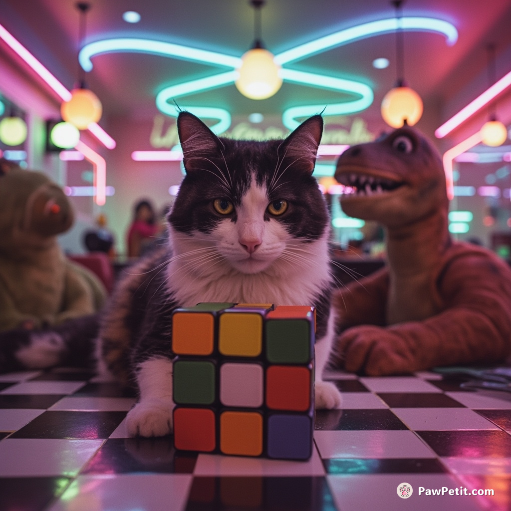 A scholarly-looking calico cat solving a cosmic Rubik's Cube on a floating neon checkerboard in a ’50s-style diner, frequented by plush dinosaurs.