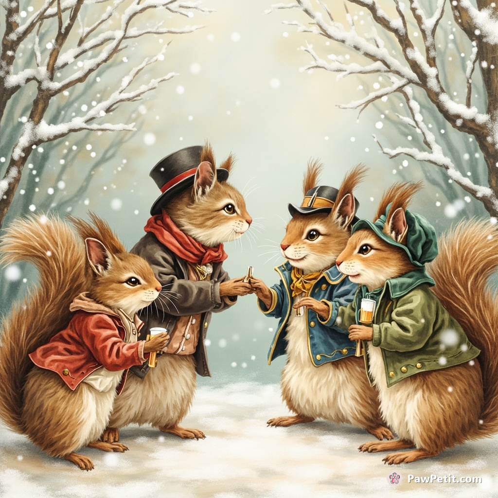 A cat teaching a posh etiquette class to a rambunctious group of squirrels in Victorian attire during a gentle snowfall.