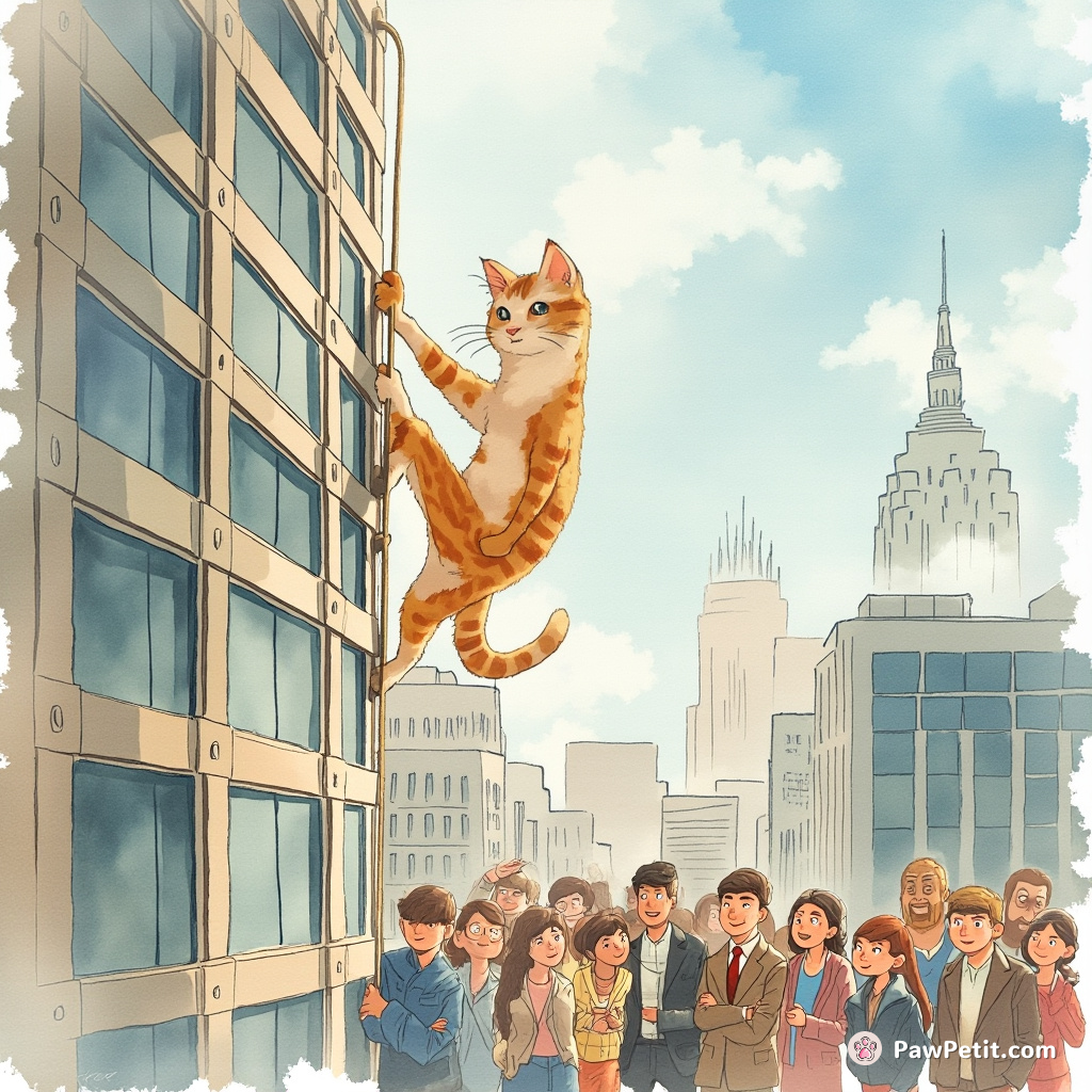 Whisker, the cat, believing it can out-climb humans, swiftly scales a skyscraper much to downtown city crowd's amazement.