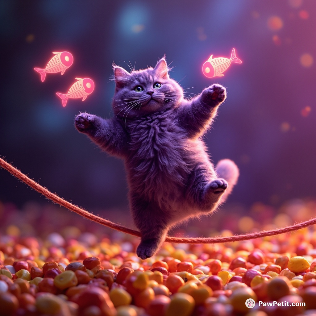 A chubby purple cat elegantly balancing on a tightrope above a torrent of candy corn whilst juggling glowing neon fish.