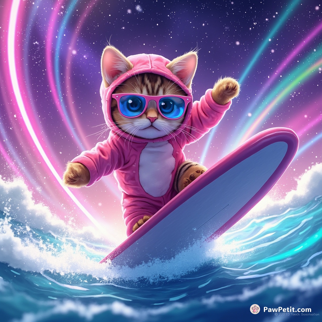 A cat windsurfing on ribbons of multi-coloured starlight atop a lively cosmic ocean, wearing neon sunglasses and rocking a hot pink penguin suit.