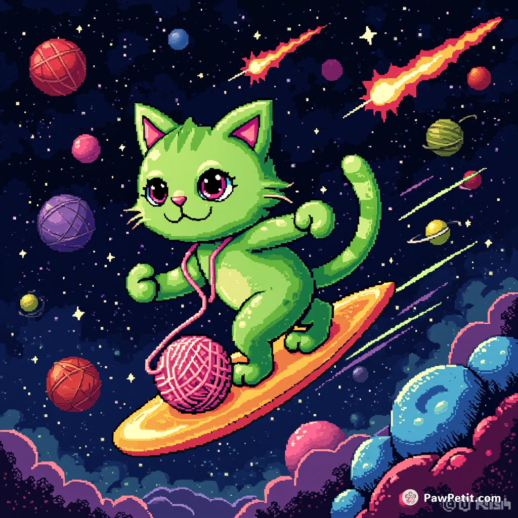 Asteroid-surfing, neon-green cat deflecting meteors with a cosmic yarn ball.