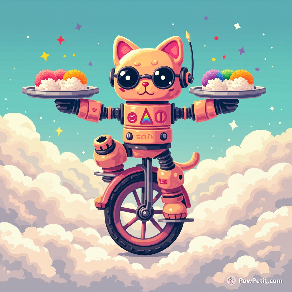 A robot cat serving rainbow sushi on a unicycle atop a cloud.