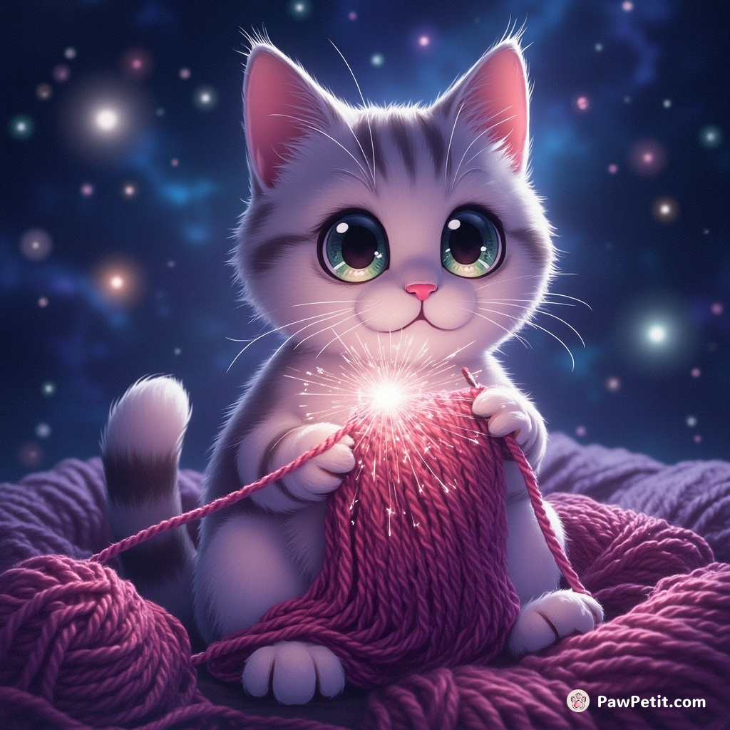 A three-eyed cat gratis knitting a luminous comic galaxy with sparkling ethereal yarn.