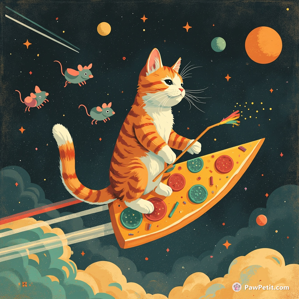 Cat conducting an orchestra of mice in outer space while riding a slice of rainbow pizza.