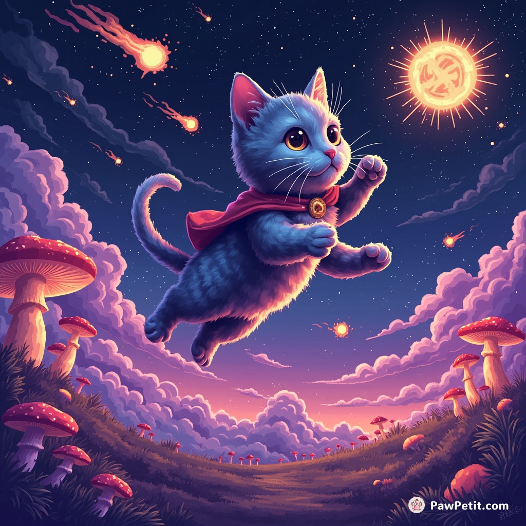 A cosmic cat caught midway while chasing dust devils across a luminescent mushroom forest, with a cape made from comet tails blowing astray.