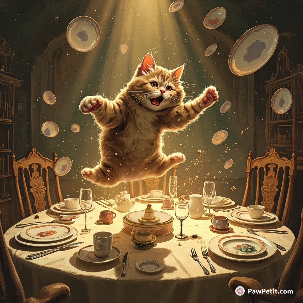 In sheer panic, the cat leapt wildly onto the carefully laid dinner table, sending dishes clattering to the floor.
