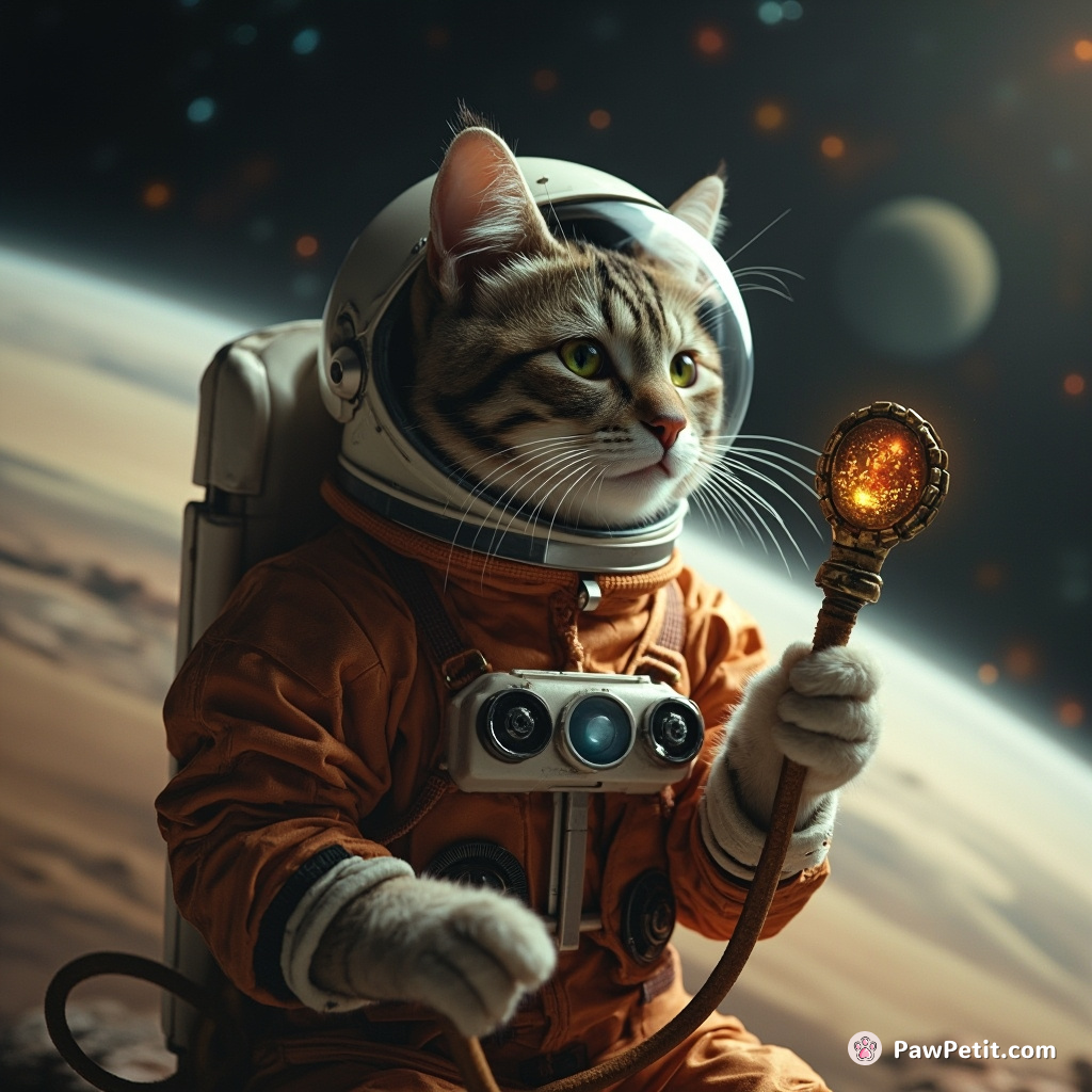 A cat cosplaying as a space astronaut, fiddling with an ancient alien artifact on the rings of Saturn.