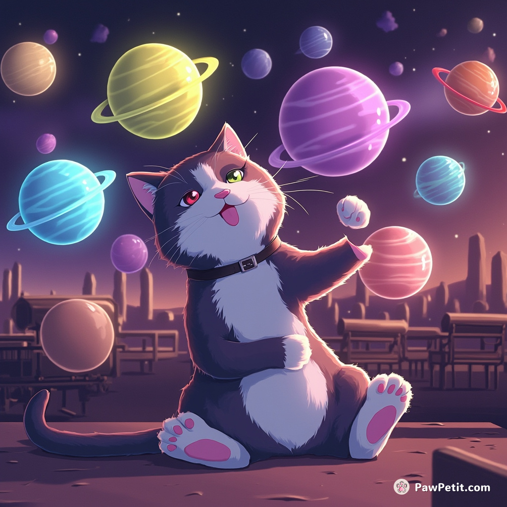 Cat juggling rainbow-colored planets in a zero gravity space cafe.