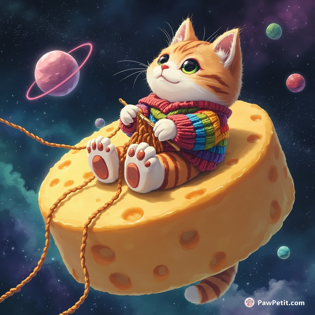 Cat carefully knitting a rainbow sweater with its claws atop an oversized floating cheese wheel in space.