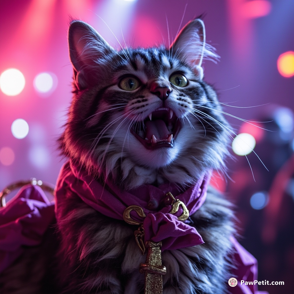 A cat, convinced it can sing better than humans, belts out a yowling opera on a grand stage.