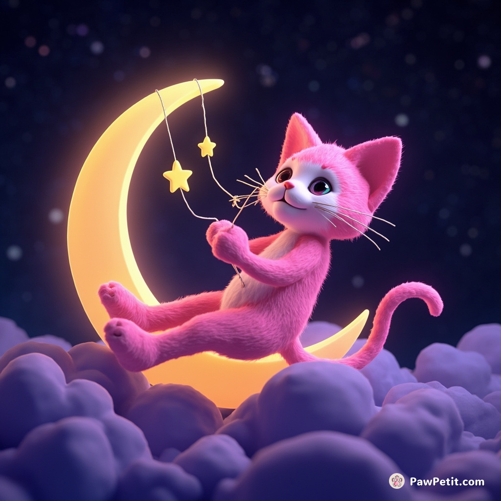 A neon pink cat defying gravity, knitting stars from cosmic strings on a crescent moon.