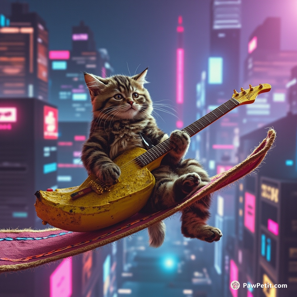 Cat surfing on a magic carpet overachieved cityscape while playing an electric guitar made out of bananas.