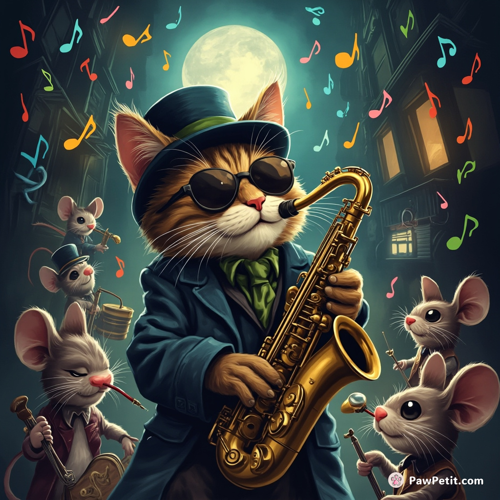 A saxophone-playing cat in a jazz band, surrounded by beatnik mice, in a smoky moonlit alley filled with multicolored music notes.