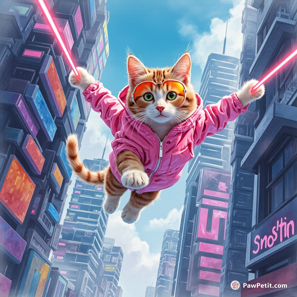 A neon-clad cat, skilfully exploiting quantum teleportation, jauntily hops through elevating skyscrapers in the cybernetic mew-tropolis.