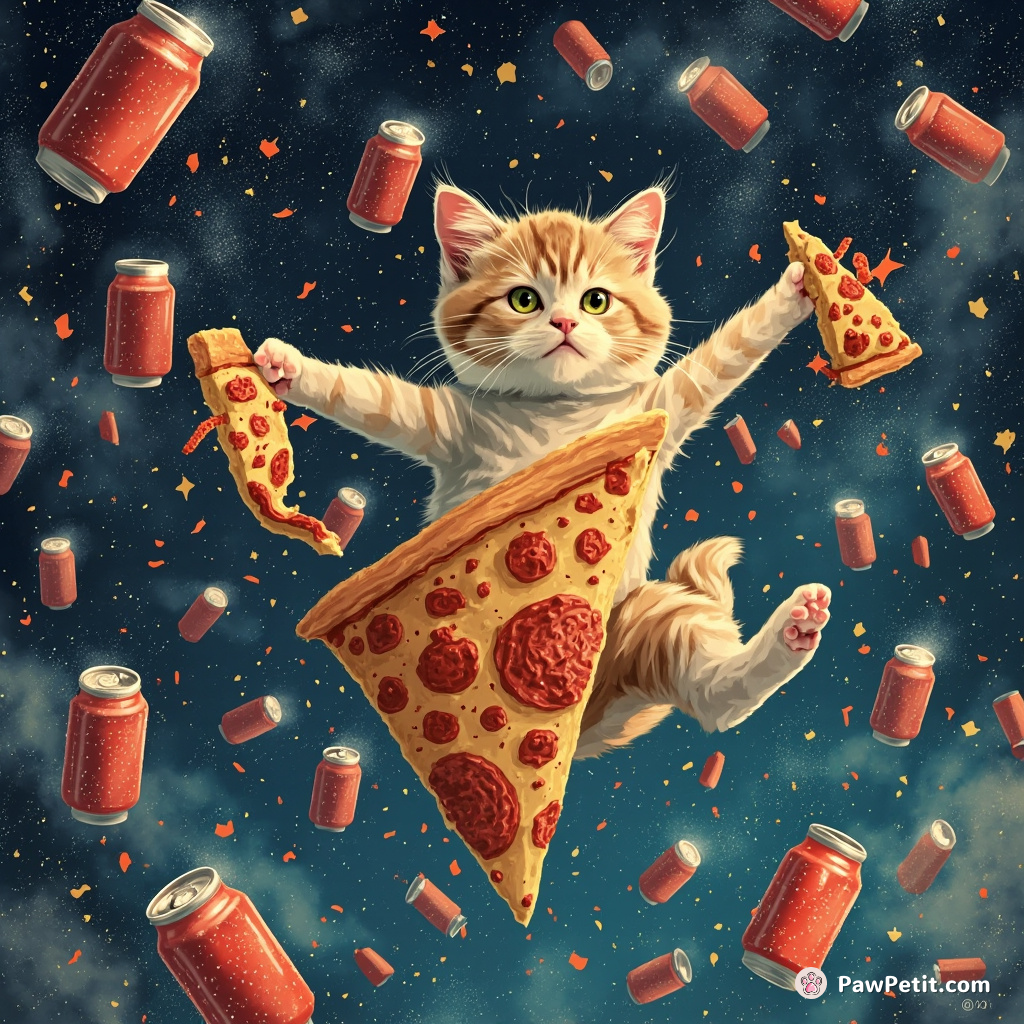 Cat fencing on a pizza slice in zero gravity, surrounded by twinkling soda cans.