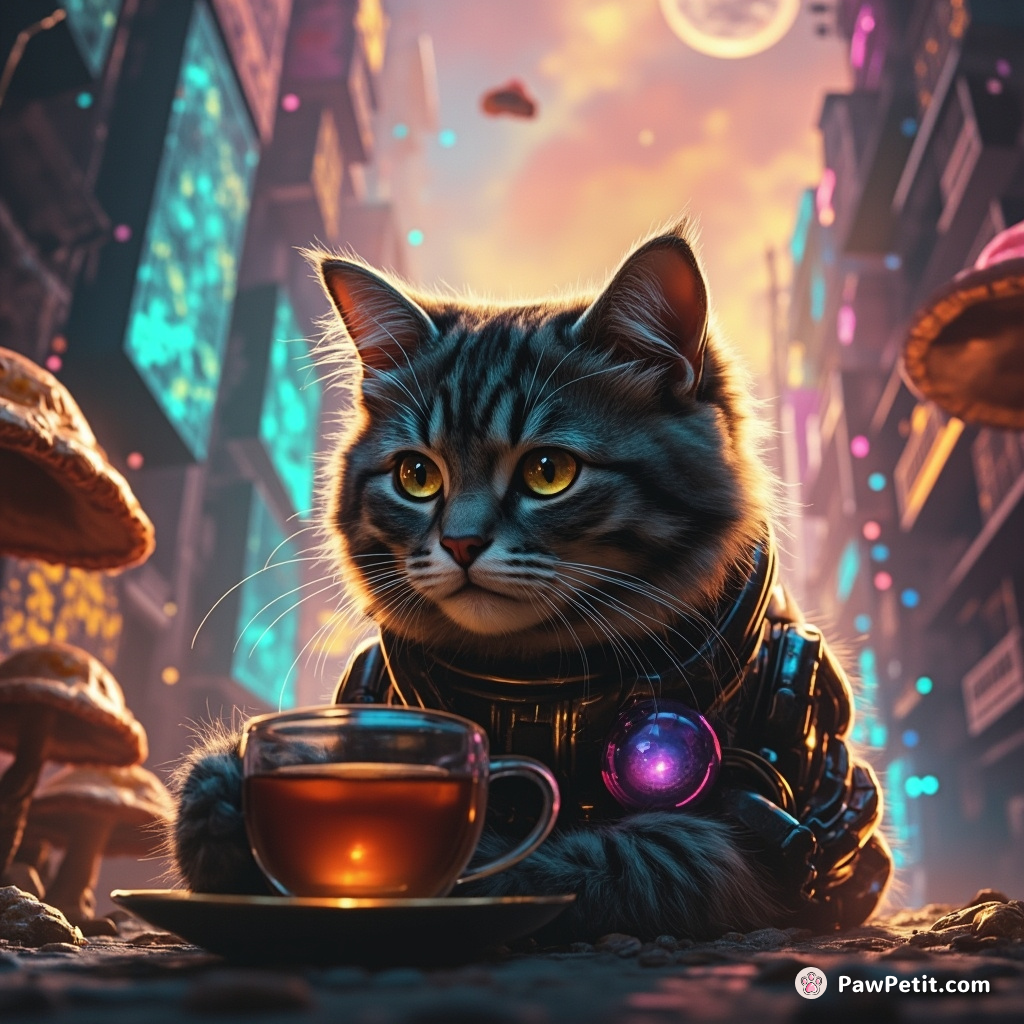 Cyborg cat sipping mushroom tea under an iridescent upside down cityscape.
