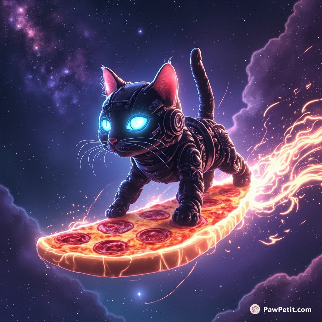 Cybernetic cat stellar-surfing through a nebula on a translucent slice of cosmic pizza.