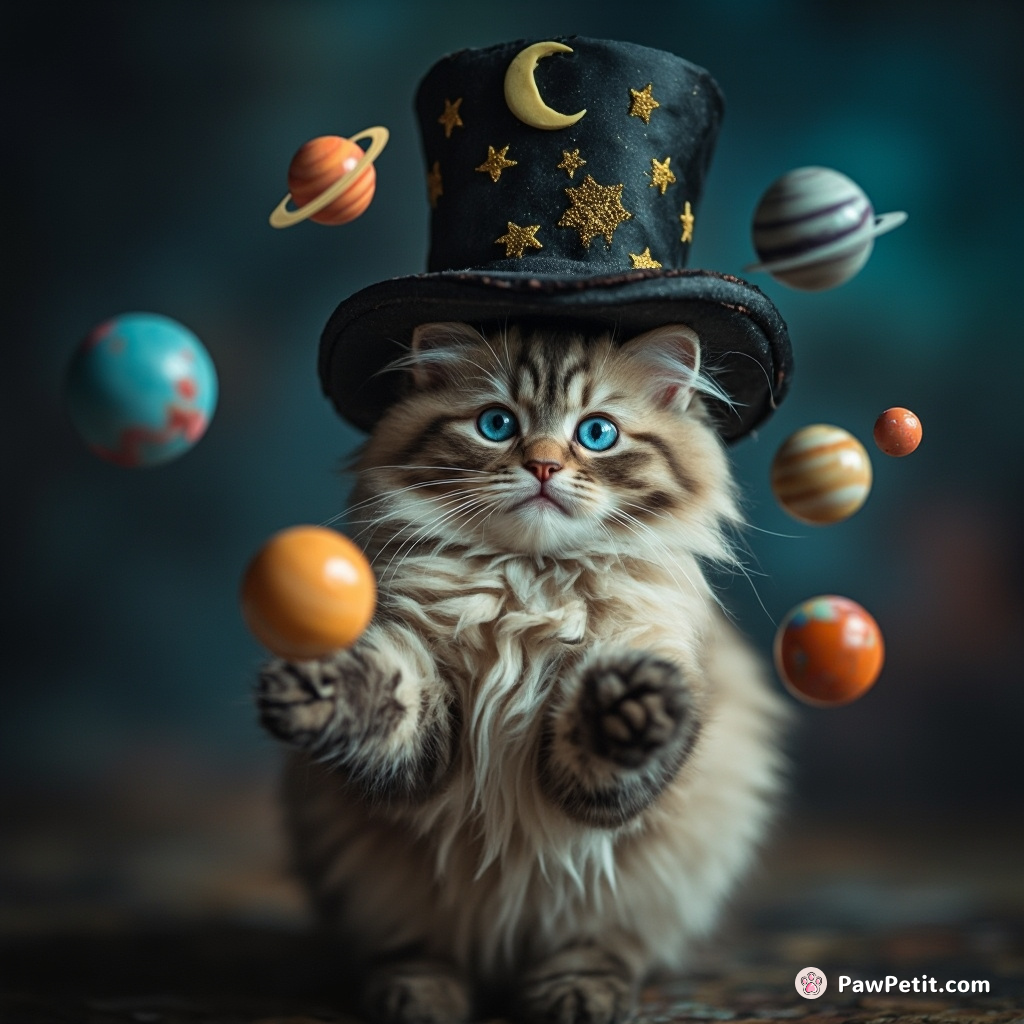 Cat juggling miniature planetary systems, wearing a magician's hat.