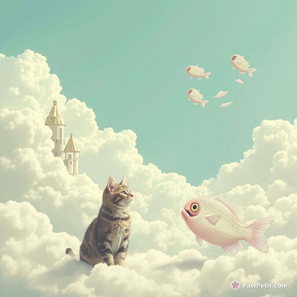 A tabby cat having a philosophical debate with floating, spectral fish on a drifting cloud castle in the sky.