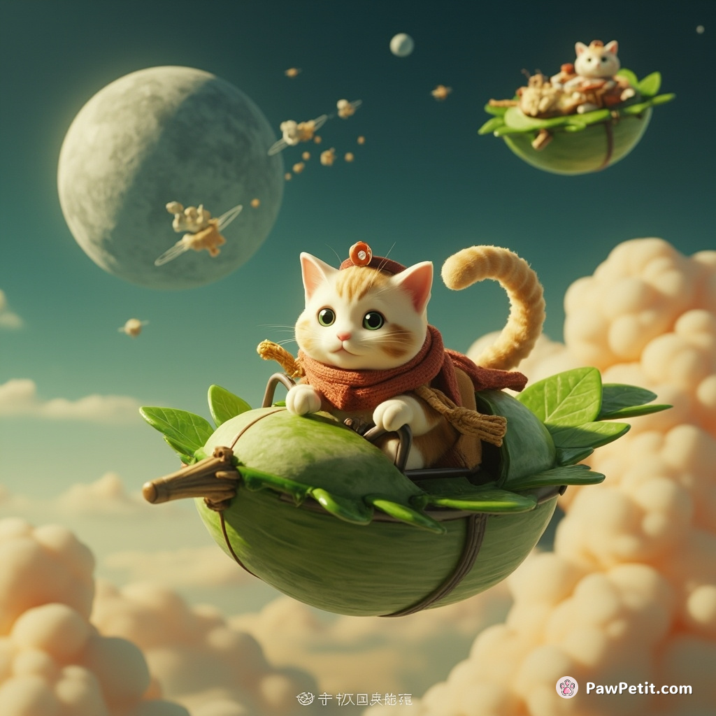 A cat piloting a giant, steam-powered bamboo leaf enveloping the Moon with 粽子 satellites in orbit.