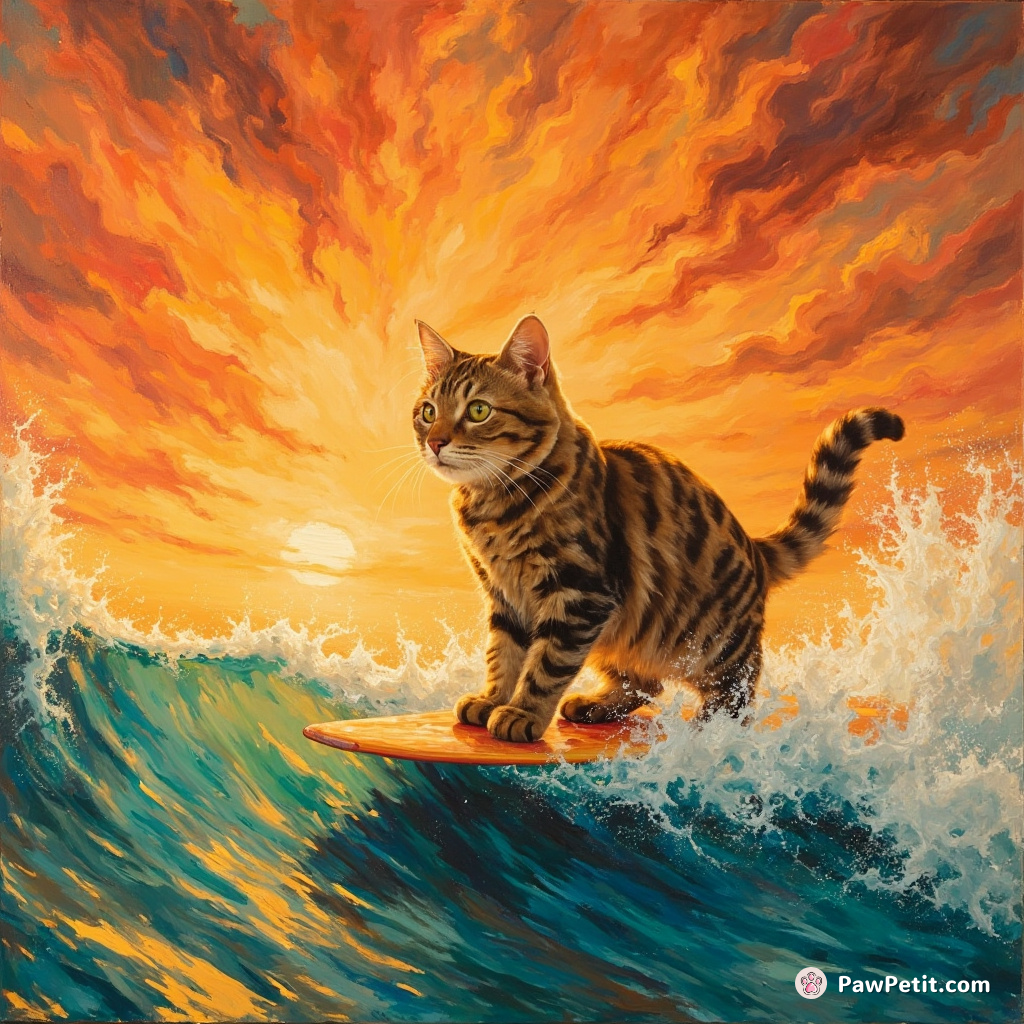 Cat surfing on a taco shell in a milk ocean under an orange-ginger sunset.