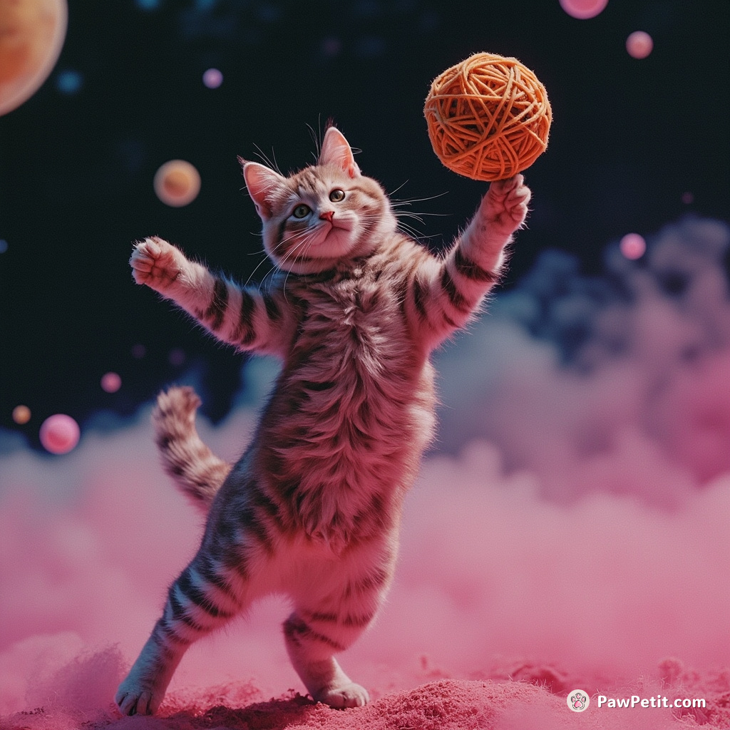 Cat breakdancing in low-gravity space, using yarn-made asteroid as a spinning top.
