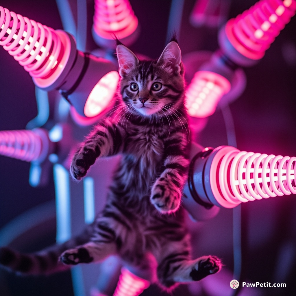 Bathed in neon glow, the shadow-striped feline lept deftly between pulsing, robotic arms, expertly resetting the hyper-reactors.