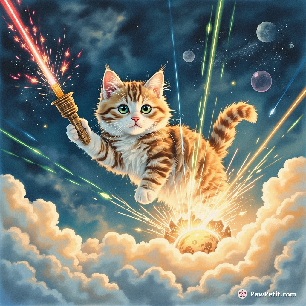 Fluffy pounces on the "Meow-gic Conductor," igniting a symphony of laser beams and cosmic catnip clouds.