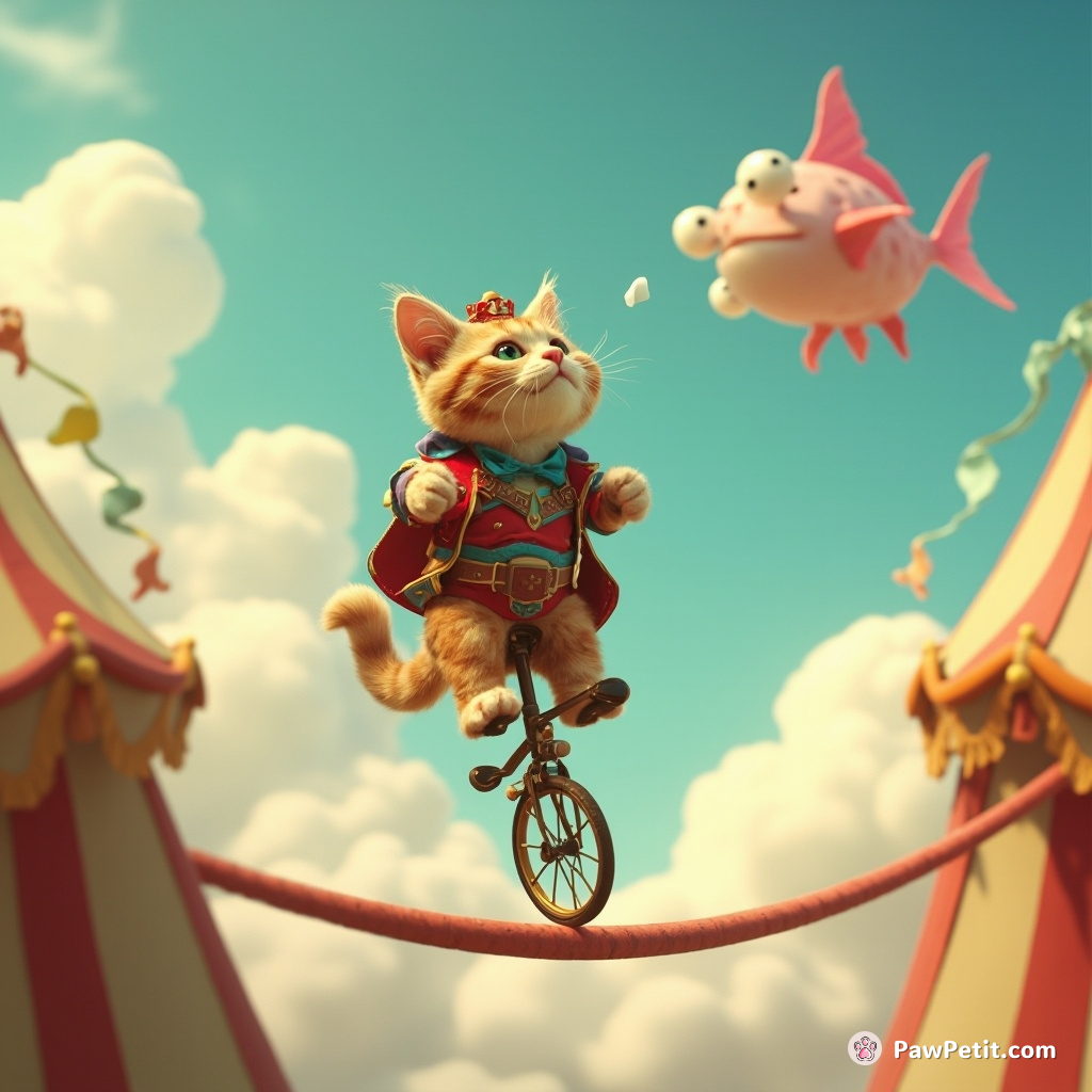 An aristocratic cat unicycling on a tightrope between two circus tents while gasping at an upside-down ghost-Fish in the cloudy sky.