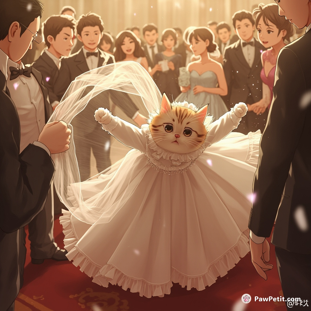 In the crowded ballroom, the cat suddenly dives, snagging the floating bride's veil with a vigorous paw swipe.