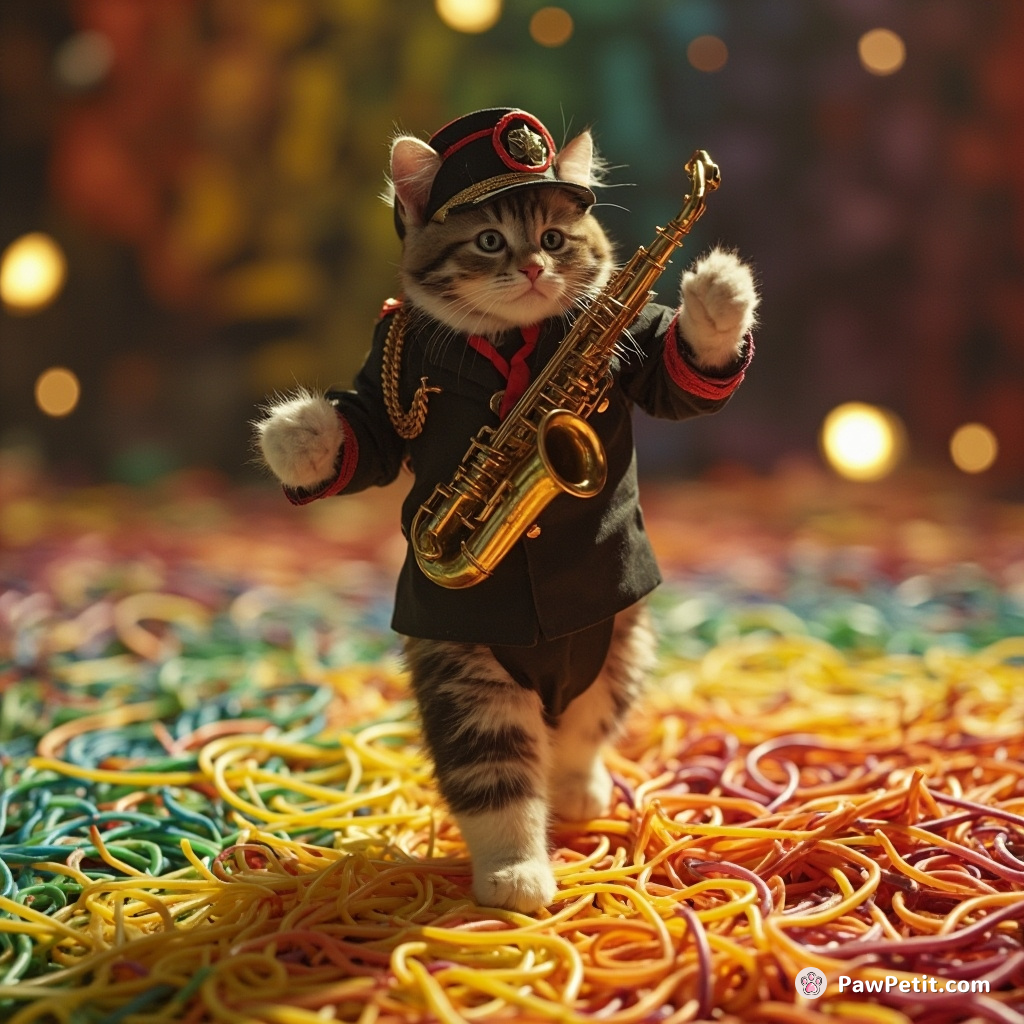 Cat moonwalking on rainbow spaghetti in a jazz band uniform.