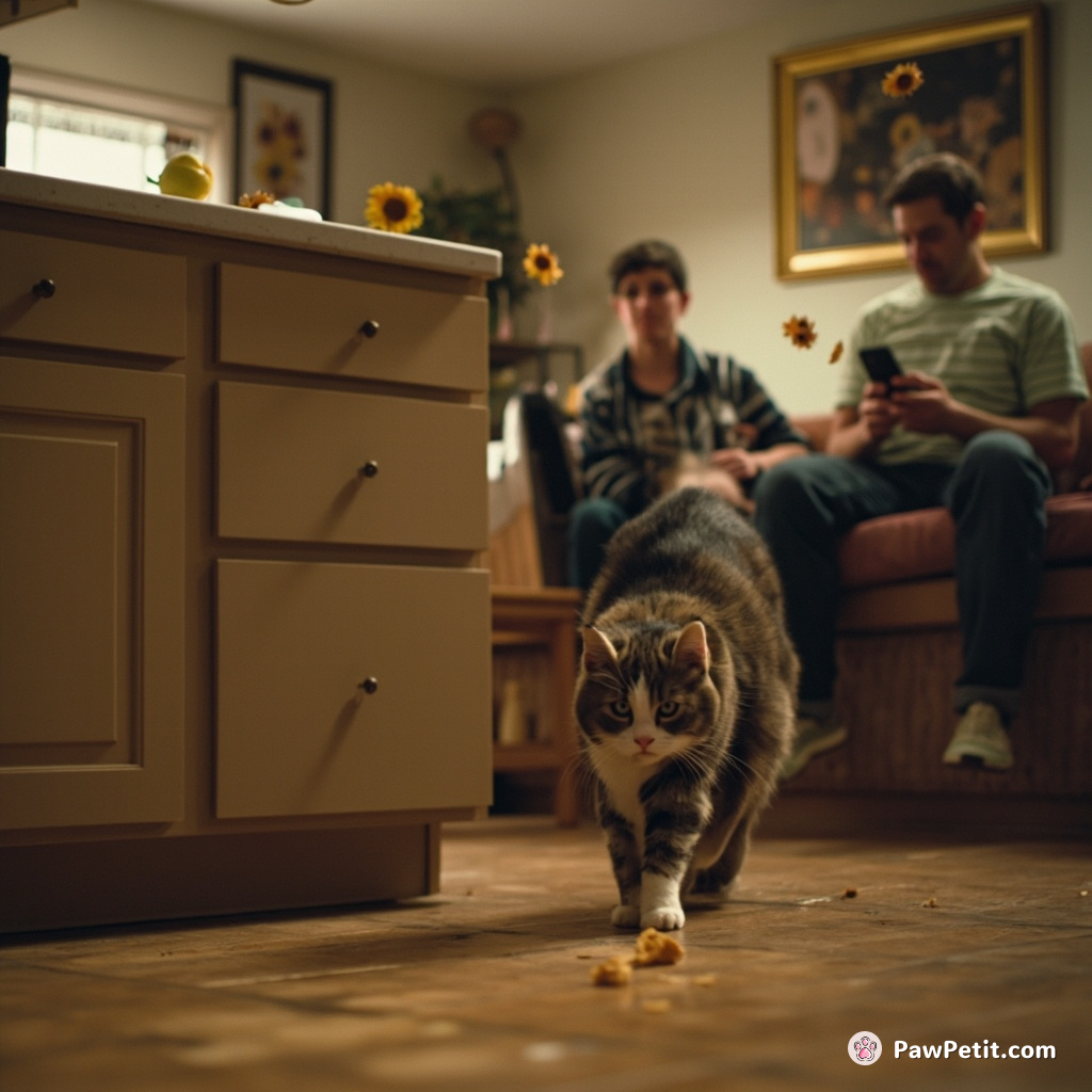 Cats stealthily swipe food from kitchen counters while humans are distracted by their phones.