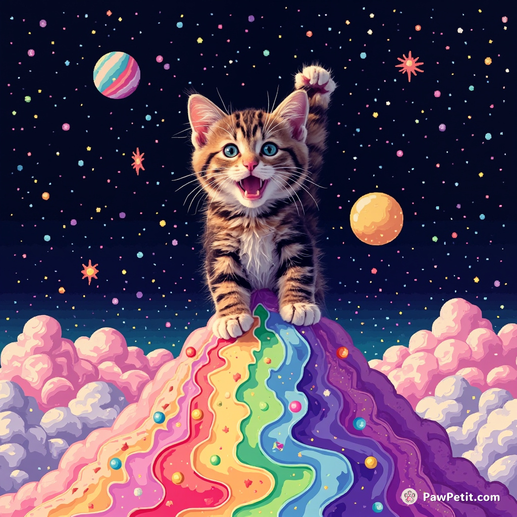 A tabby cat performing a one-clawed handstand on the peak of an rainbow-colored ice cream mountain situated in a twinkling galaxy.
