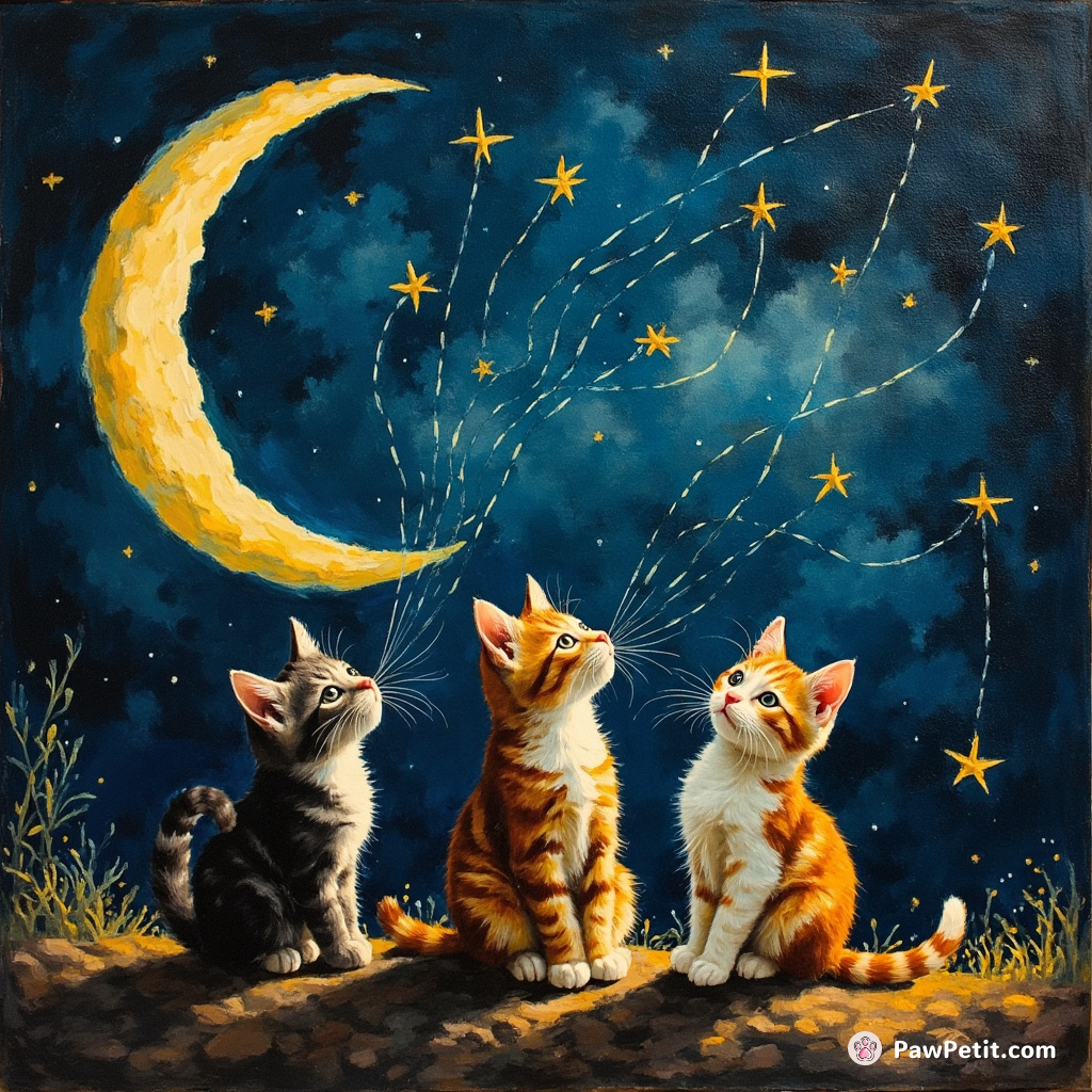 A trio of cats lasso shadows on the crescent moon using strings of shooting stars.