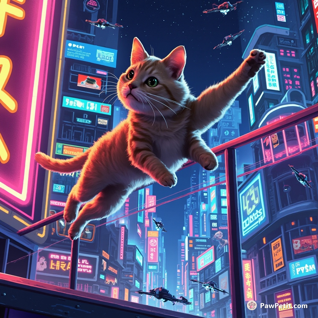 Cat leaps from neon billboard to drone skywalk, dodging autonomous drones in a glowing, futuristic cityscape.