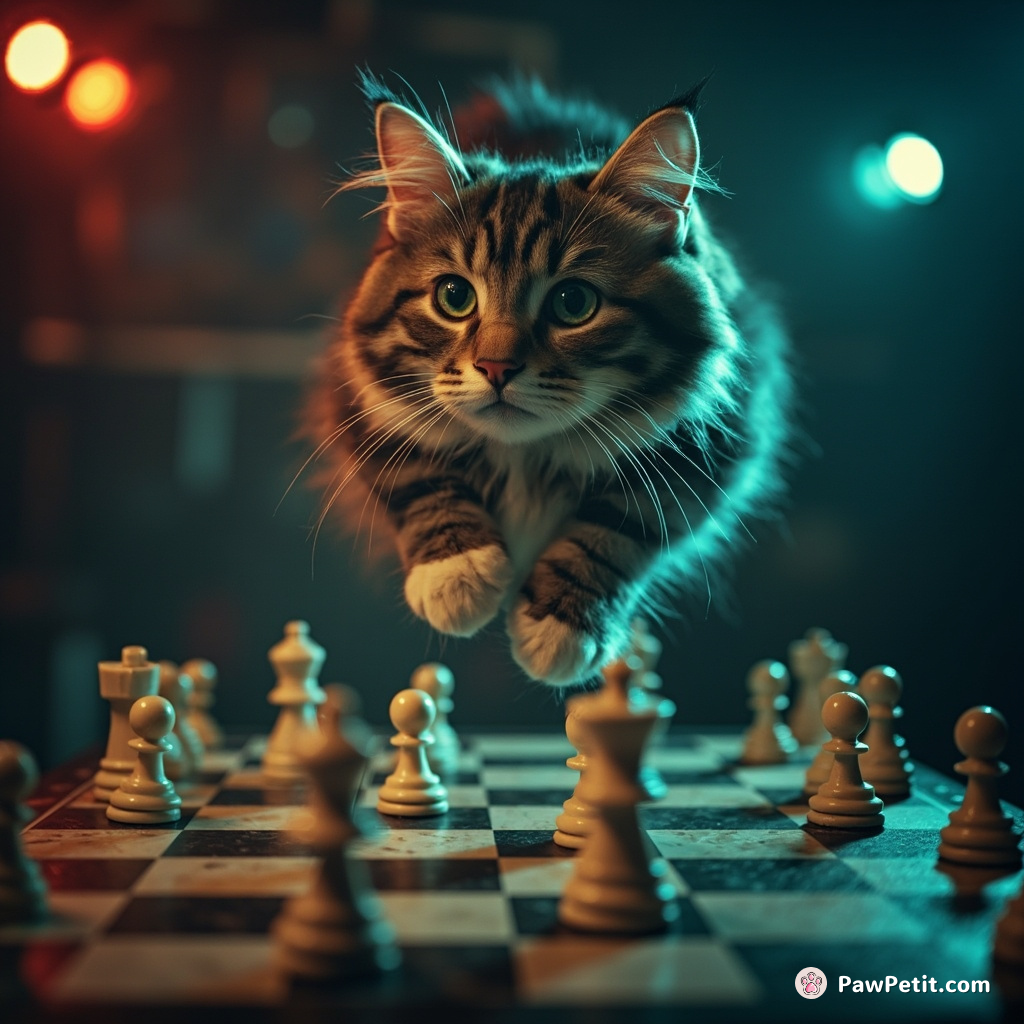 A whiskered cat levitating just above a digital chessboard, placing the defeating move with its gaze in a neo-noir setting.