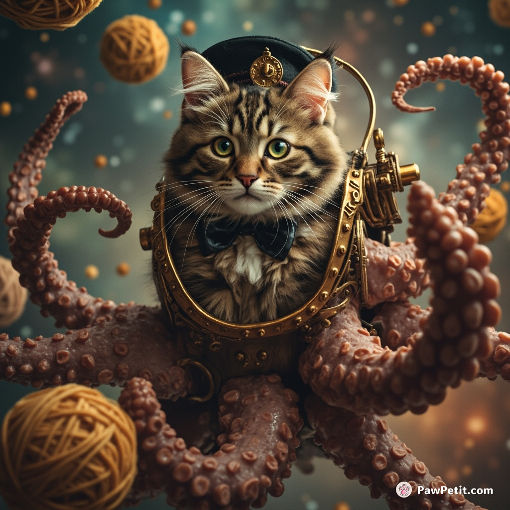 A Victorian era-steampunk cat piloting a mechanical octopus through a galaxy made of yarn balls.