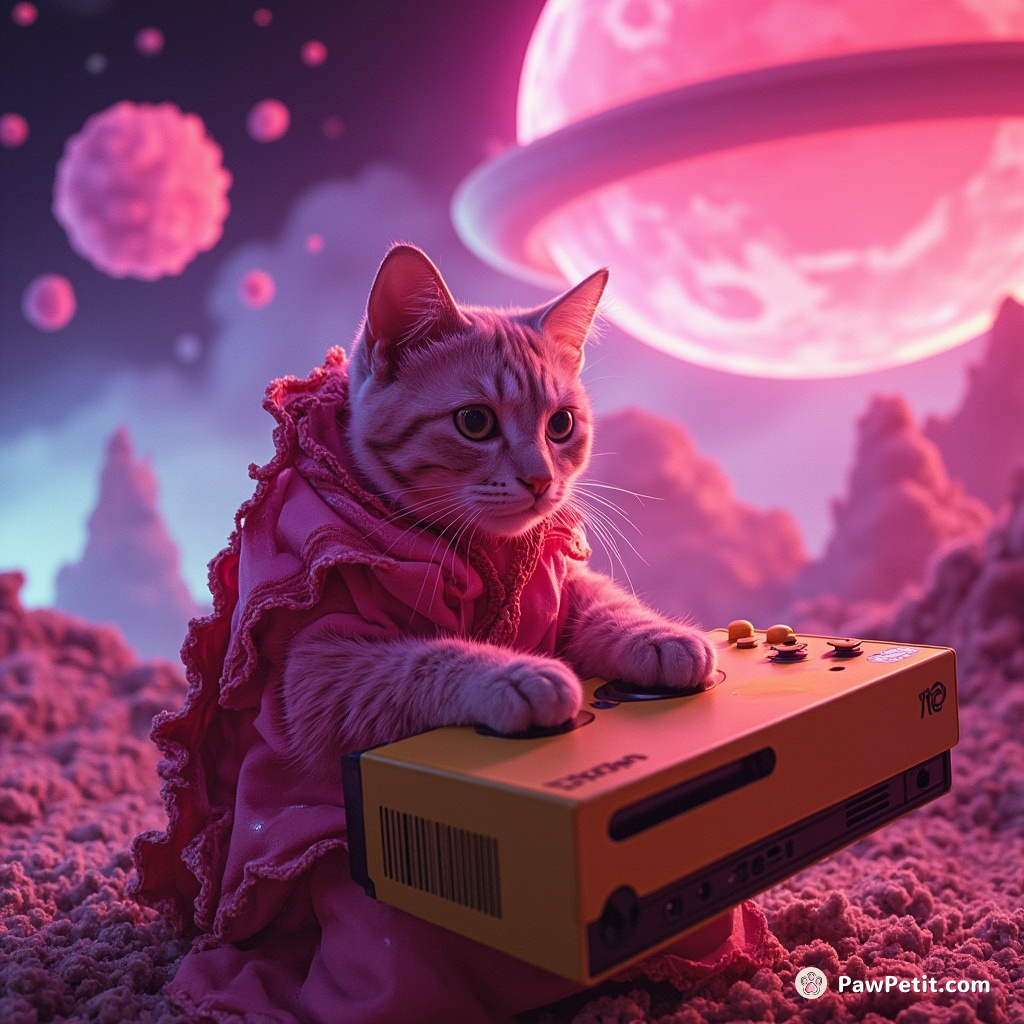A neon pink alien cat playing videogames on a bacon-flavored Xbox, under cookie crumb rain inside a levitating bubble-gum spaceship.