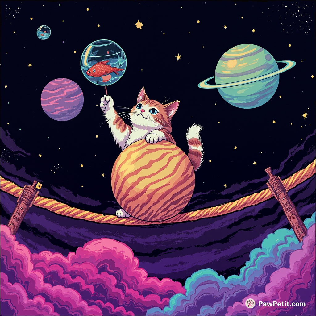 A spherical cat balancing precariously on a neon zebra-striped tightrope across the rings of Saturn while juggling tiny-alien-shaped fish tanks.