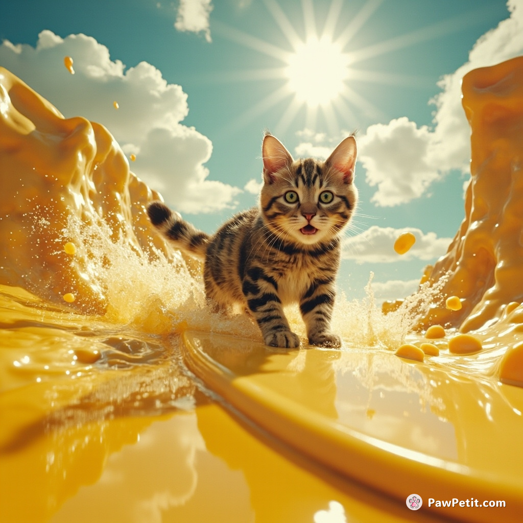 Cat surfing on a river of liquid cheese under a cauliflower sky.