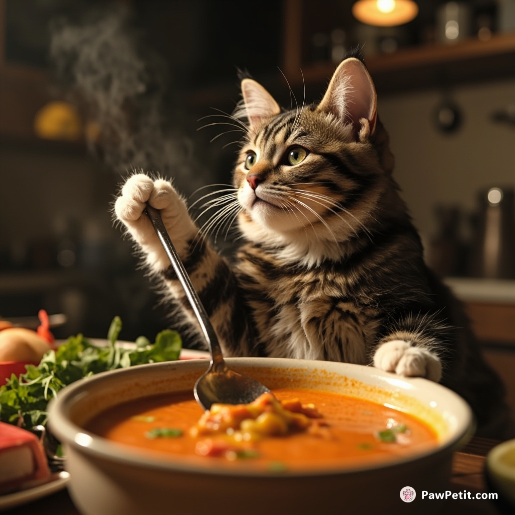 Chaos ensues as feline endeavors to nimbly wield a soup ladle, aspiring to conquer the art of human culinary craftsmanship.