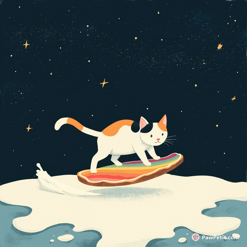 A calico cat surfing on a slice of rainbow toast across a sea of spilled milk under the milky way.