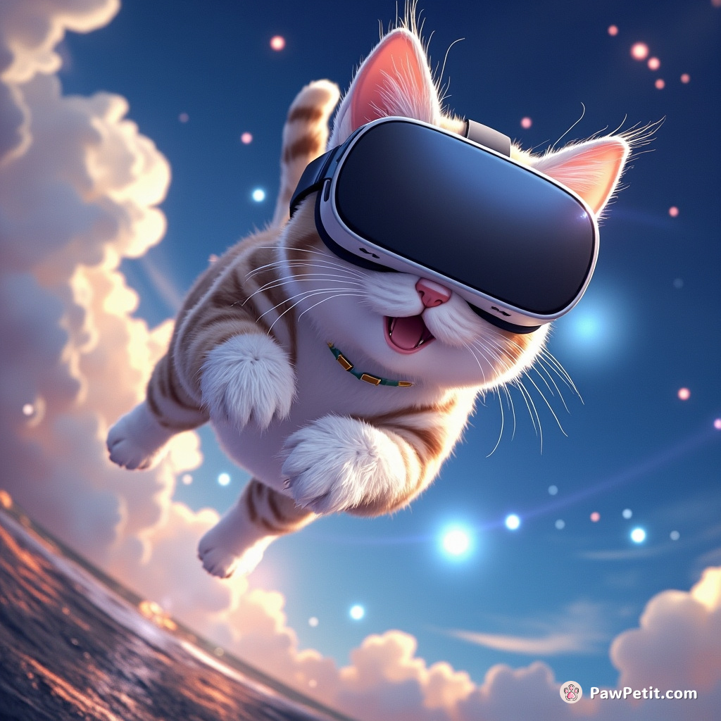 In VR, the feline quantum-leaps through digital landscapes, leaving trails of glowing paw prints.