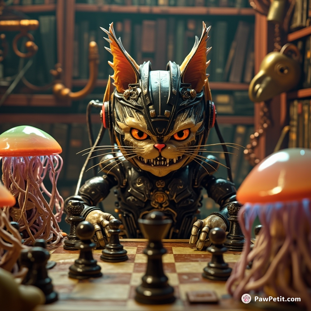 Cybernetic cat grimacing over a chess match with vibrant jellyfish in steam punk library.
