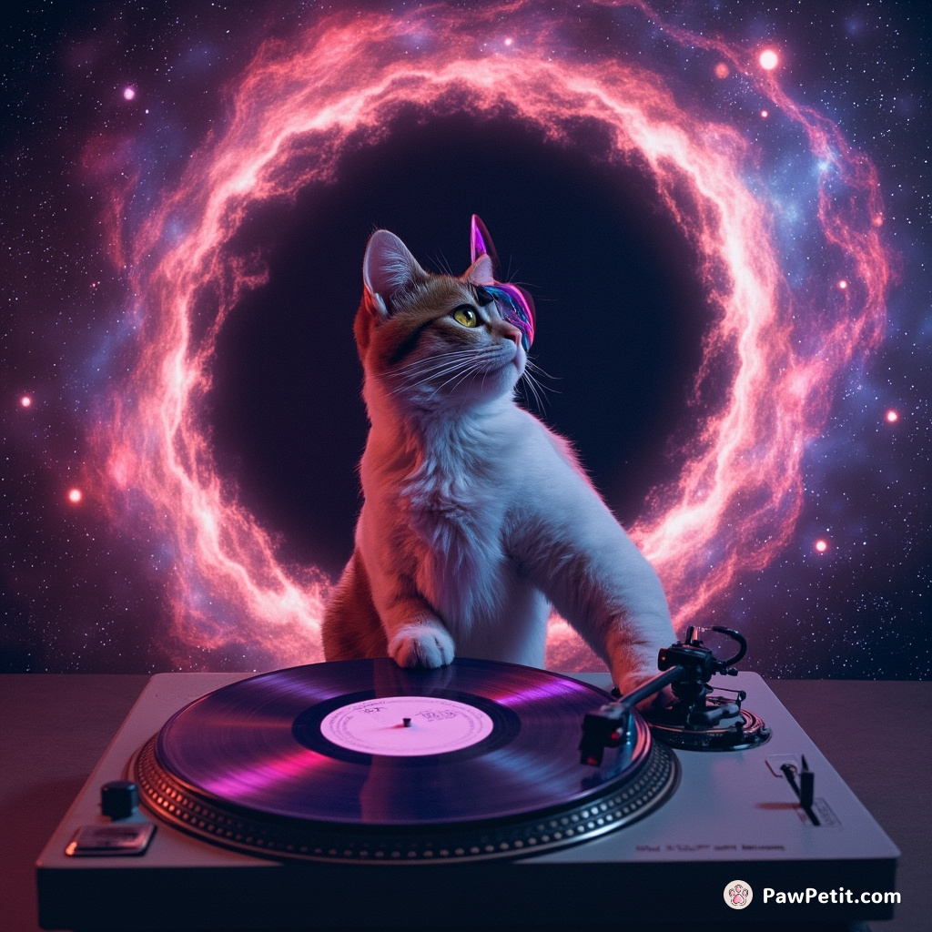 A cosmic disco cat DJ spinning galaxy vinyl on a nebula turntable at the heart of a black hole.