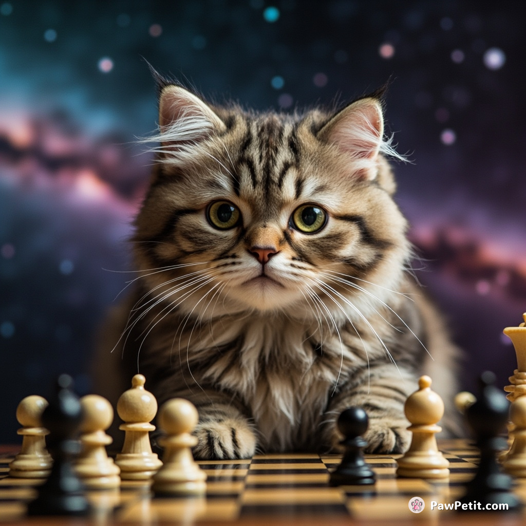 In an absurd universe, a cat channels telekinetic abilities, outsmarting humans in galaxy-wide chess games with paw movements.